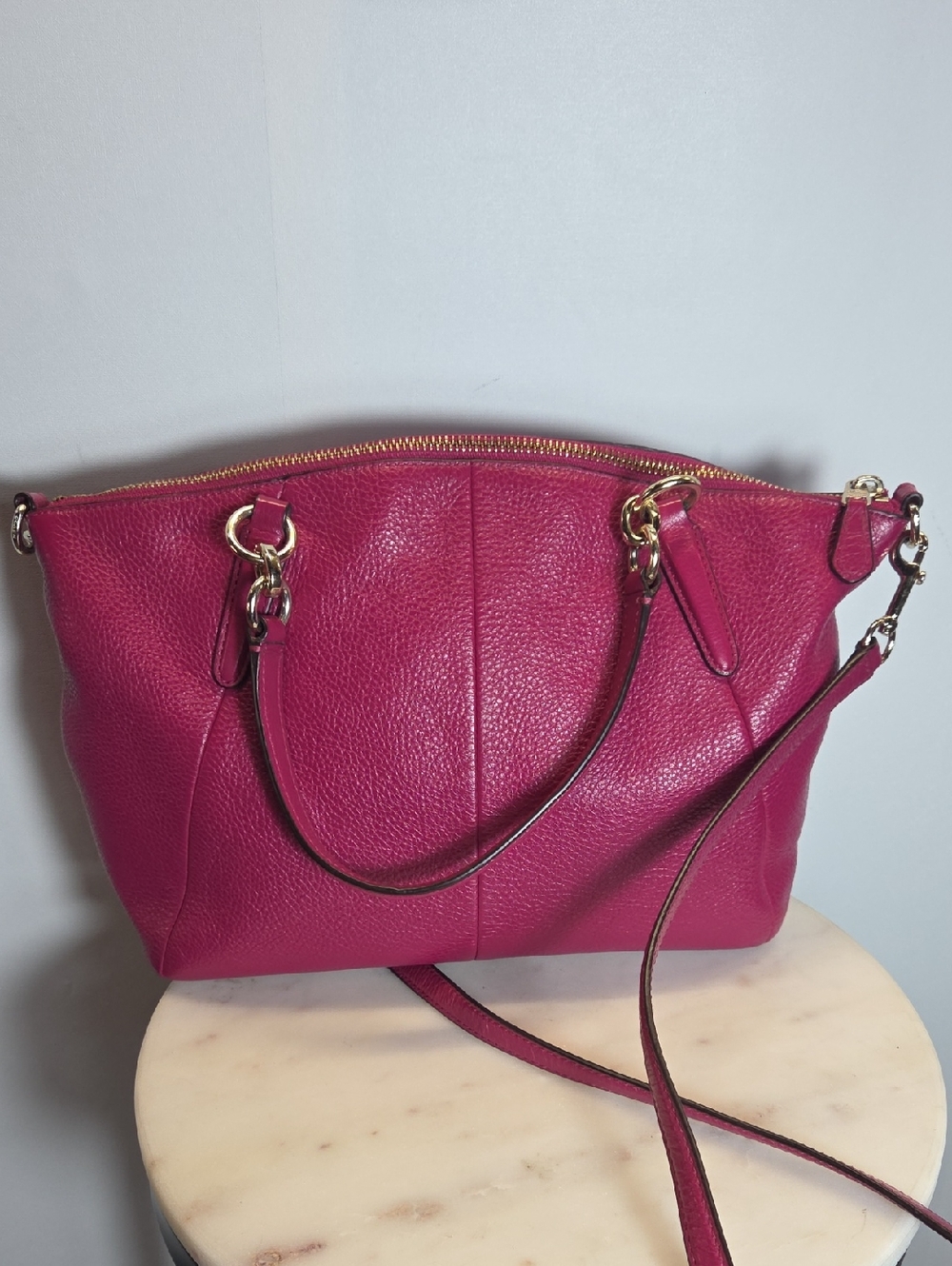 Coach Kelsey Pebbled Leather Satchel - Fuchsia - Picture 2 of 10